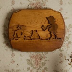 Vintage Wooden Silhouette Folk Art Plaque Girl Boy Sailboat Carving 11 3/4”